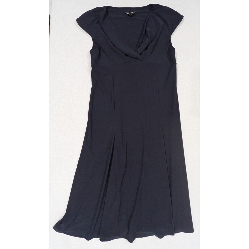 Glamour Dress Women 12 Navy Blue Excellent Cap Sleeve Surplice V-Neck Midi